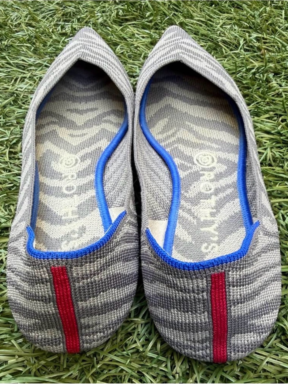 Rothy's Gray Knit Ballet Flats with Blue Trim and Red Stripe